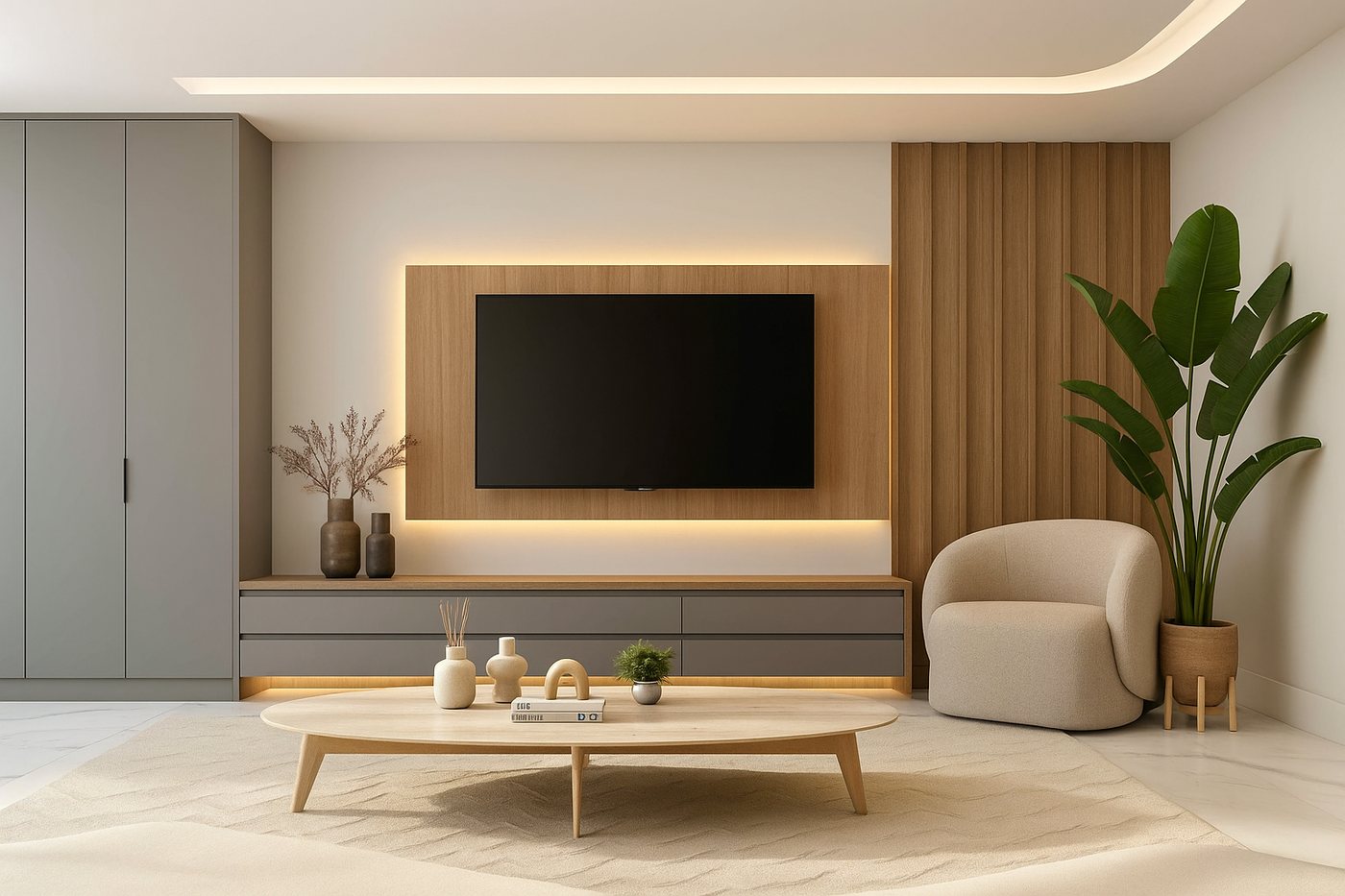 Sala de estar planejada com painel de TV sob medida